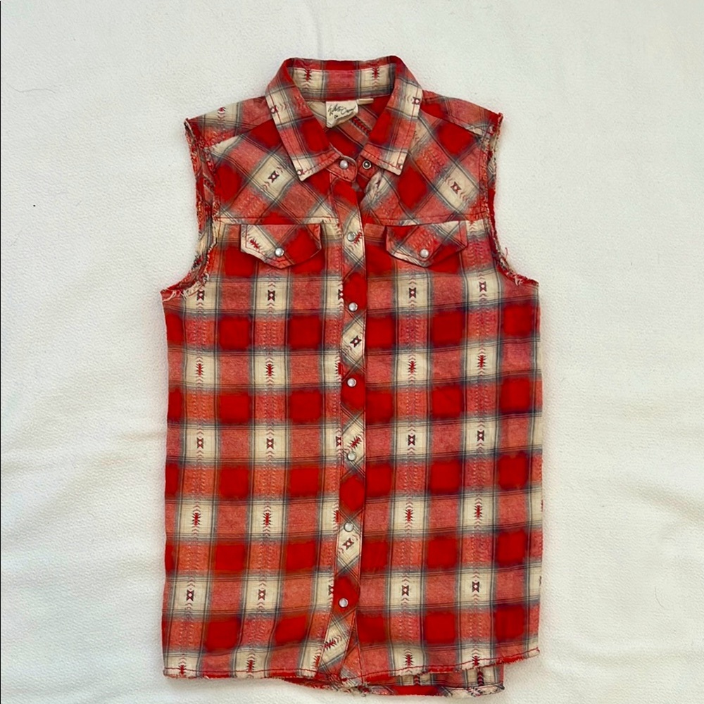 White Crow Sleeveless Plaid Cutoff Shirt XS small country girl western